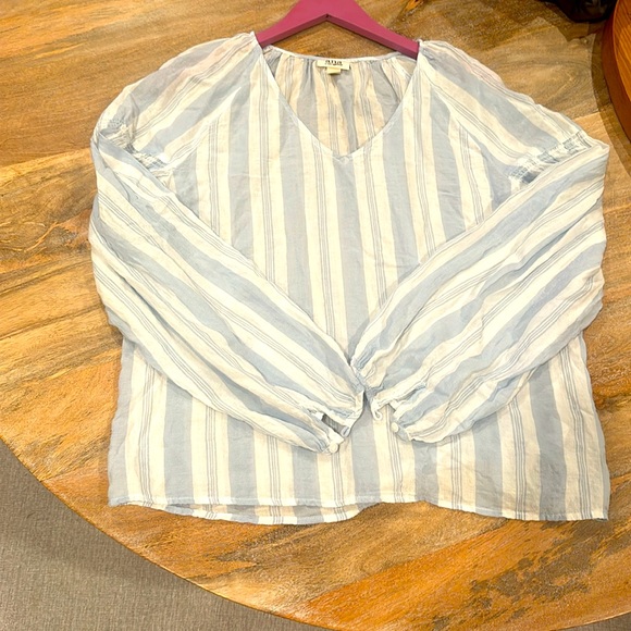 A.N.A blue and white striped long Sleeve Sheer V Neck Blouse size medium - Picture 4 of 6